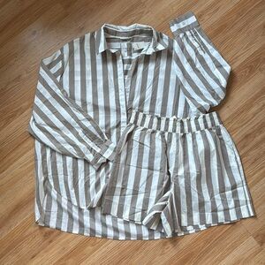 Aerie Tan and White Striped Button Down Shirt